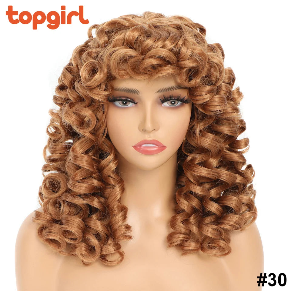 Top Girl Long Kinky Curly Weaves and Wigs With Bangs Synthetic Wig Afro Curly