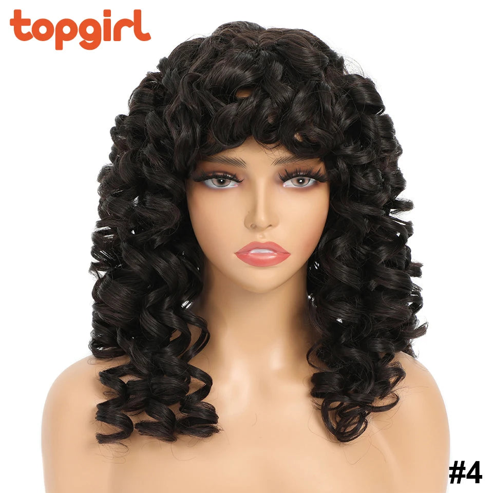 Top Girl Long Kinky Curly Weaves and Wigs With Bangs Synthetic Wig Afro Curly