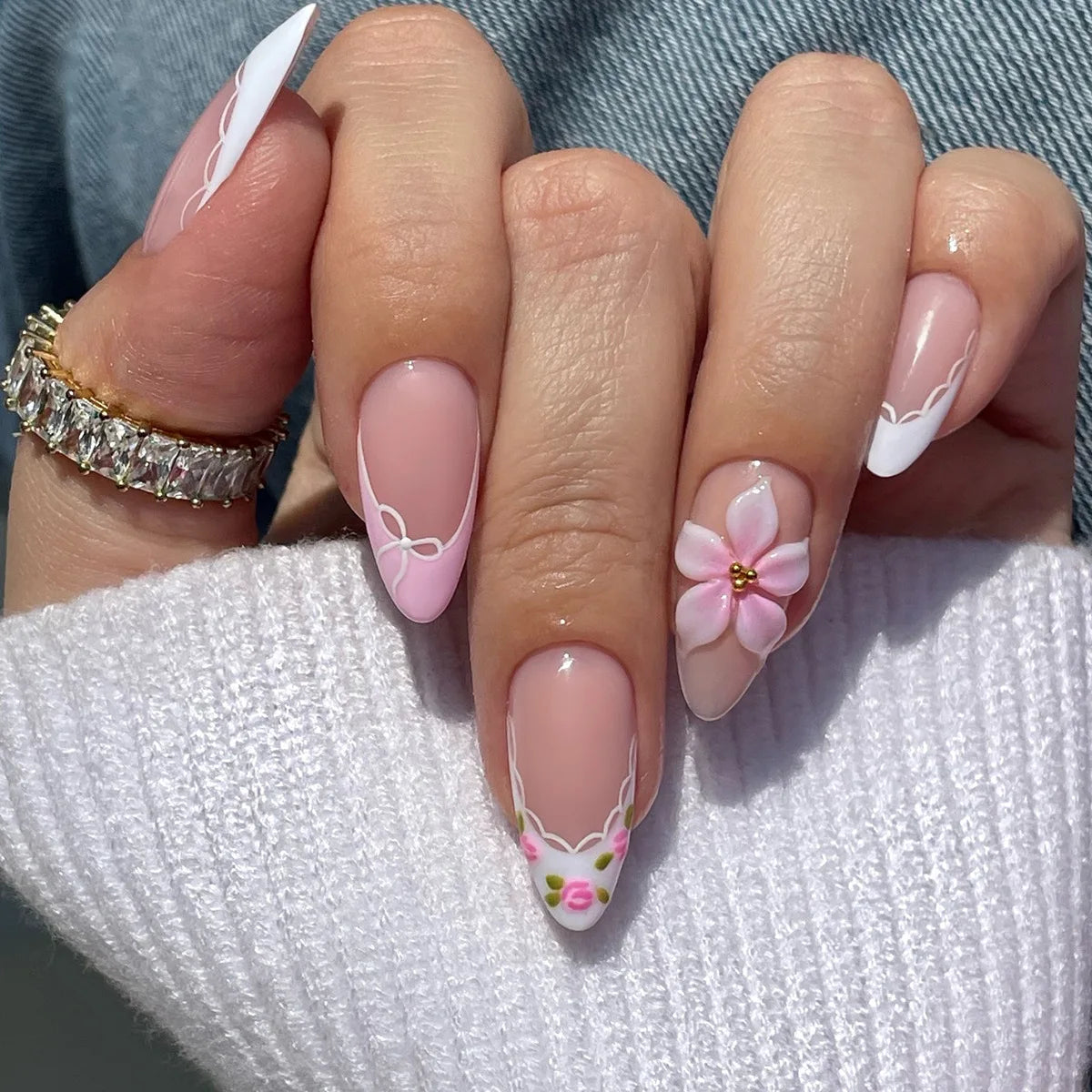 European American Style Manicure Nail Tips 3D Resin-poured French-style Rhinestones Cross-shaped Flower Nail (38 Options)