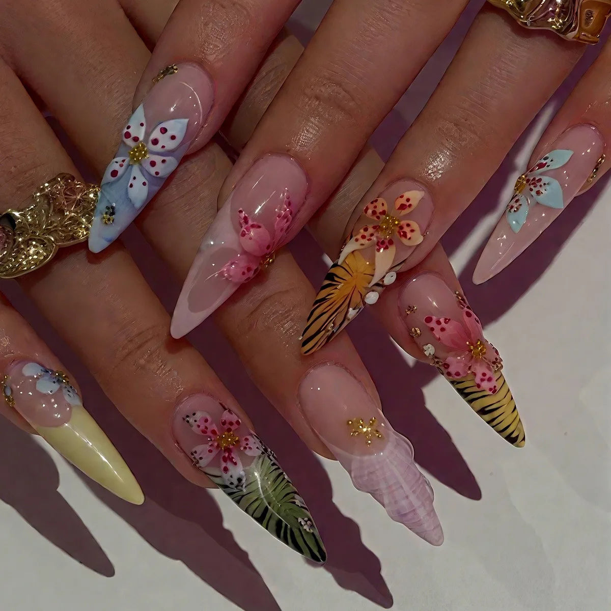 European American Style Manicure Nail Tips 3D Resin-poured French-style Rhinestones Cross-shaped Flower Nail (38 Options)