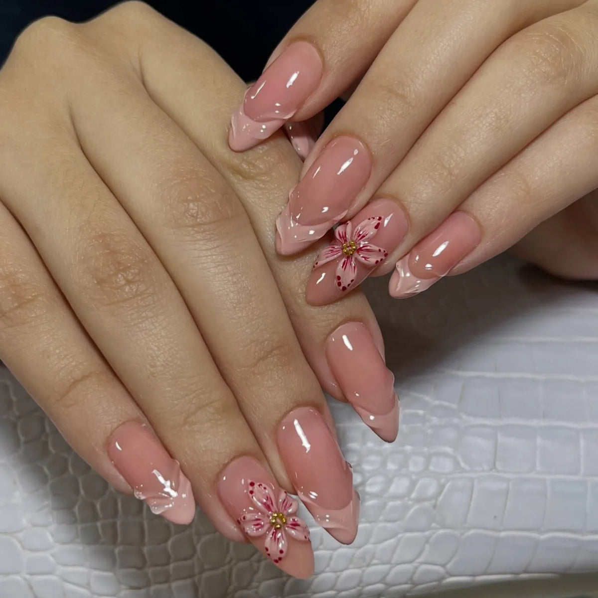 European American Style Manicure Nail Tips 3D Resin-poured French-style Rhinestones Cross-shaped Flower Nail (38 Options)