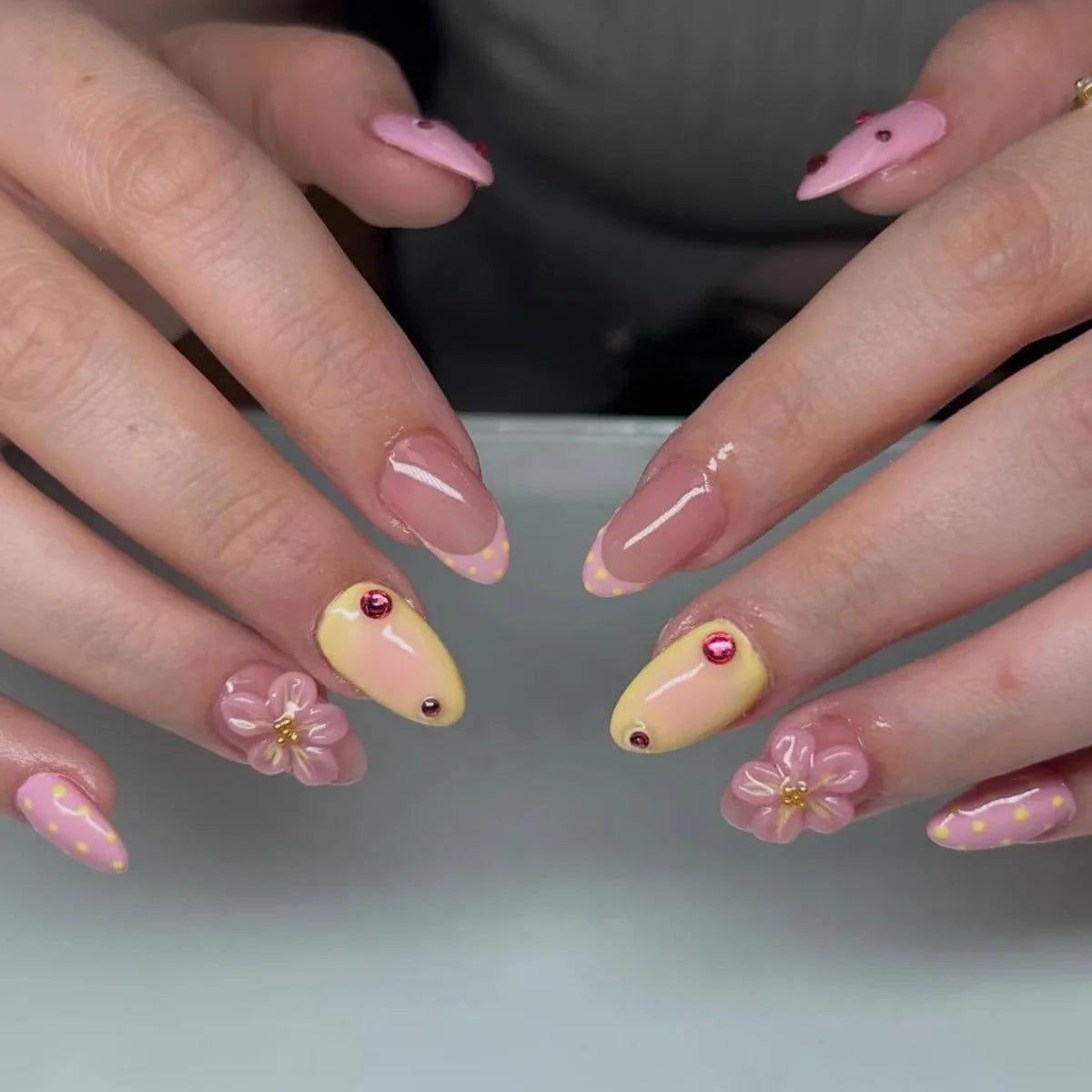 European American Style Manicure Nail Tips 3D Resin-poured French-style Rhinestones Cross-shaped Flower Nail (38 Options)