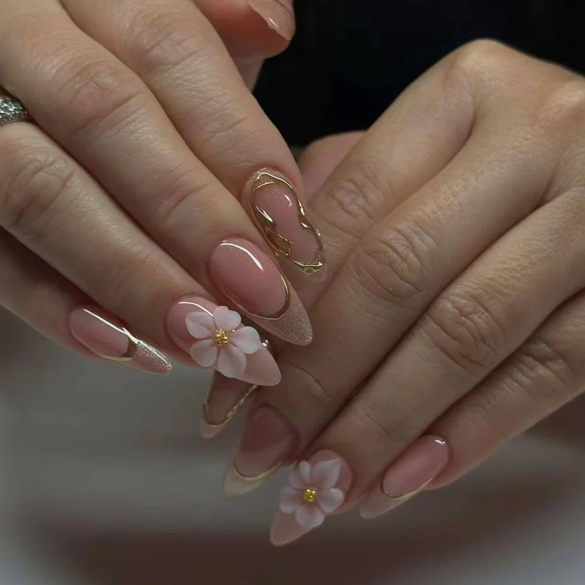 European American Style Manicure Nail Tips 3D Resin-poured French-style Rhinestones Cross-shaped Flower Nail (38 Options)