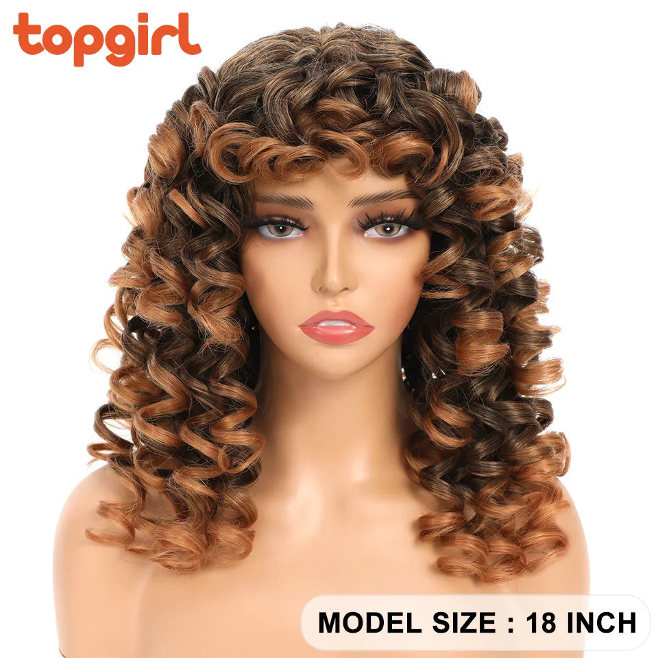 Top Girl Long Kinky Curly Weaves and Wigs With Bangs Synthetic Wig Afro Curly