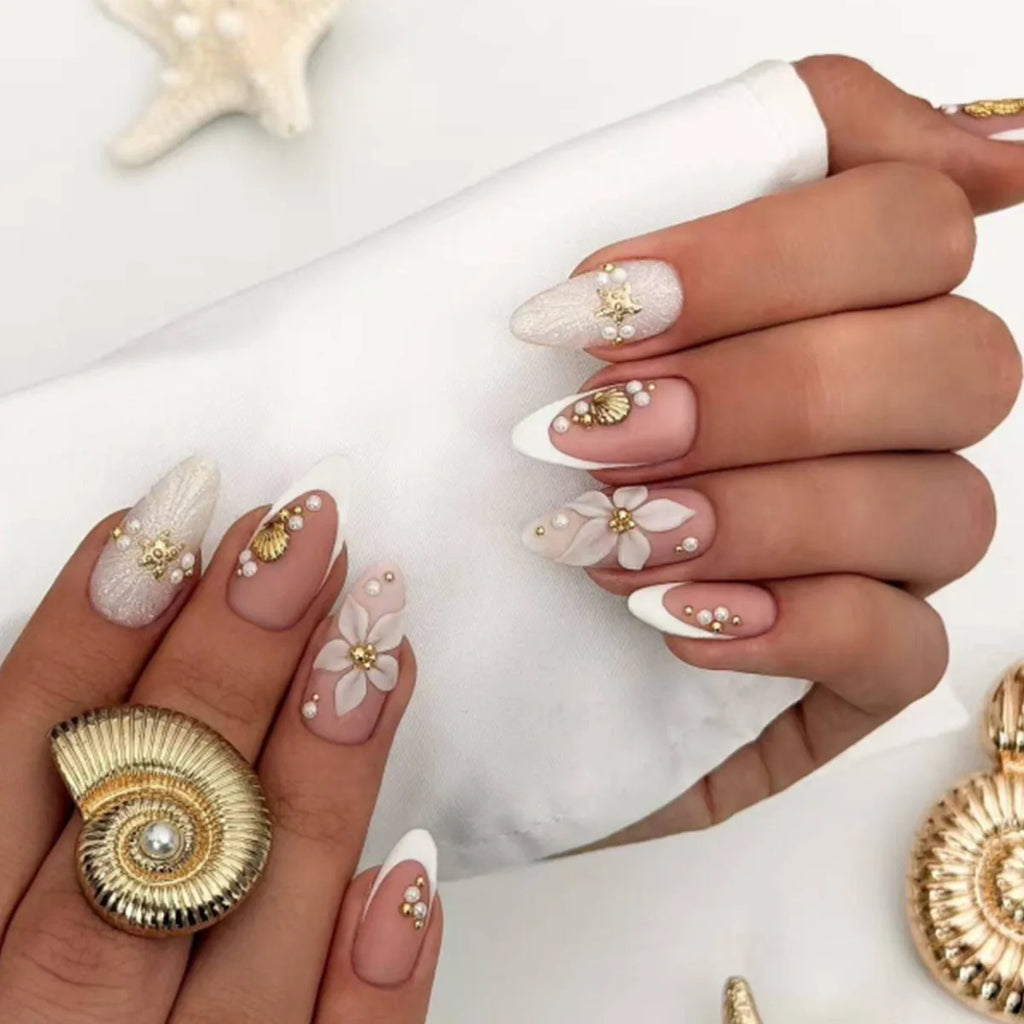 European American Style Manicure Nail Tips 3D Resin-poured French-style Rhinestones Cross-shaped Flower Nail (38 Options)