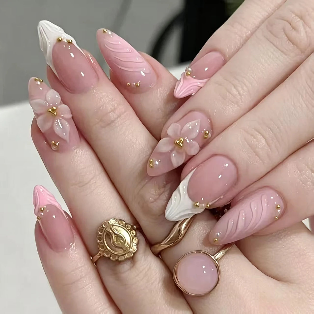 European American Style Manicure Nail Tips 3D Resin-poured French-style Rhinestones Cross-shaped Flower Nail (38 Options)