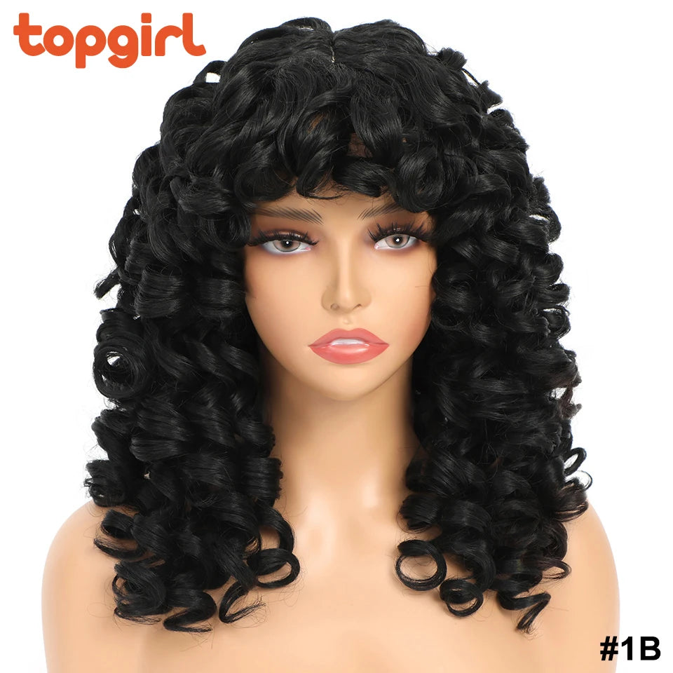 Top Girl Long Kinky Curly Weaves and Wigs With Bangs Synthetic Wig Afro Curly