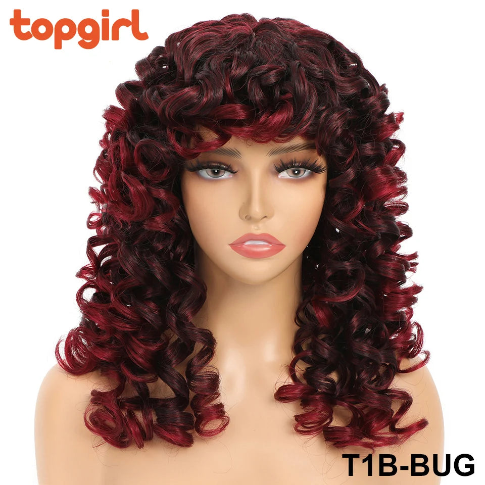 Top Girl Long Kinky Curly Weaves and Wigs With Bangs Synthetic Wig Afro Curly