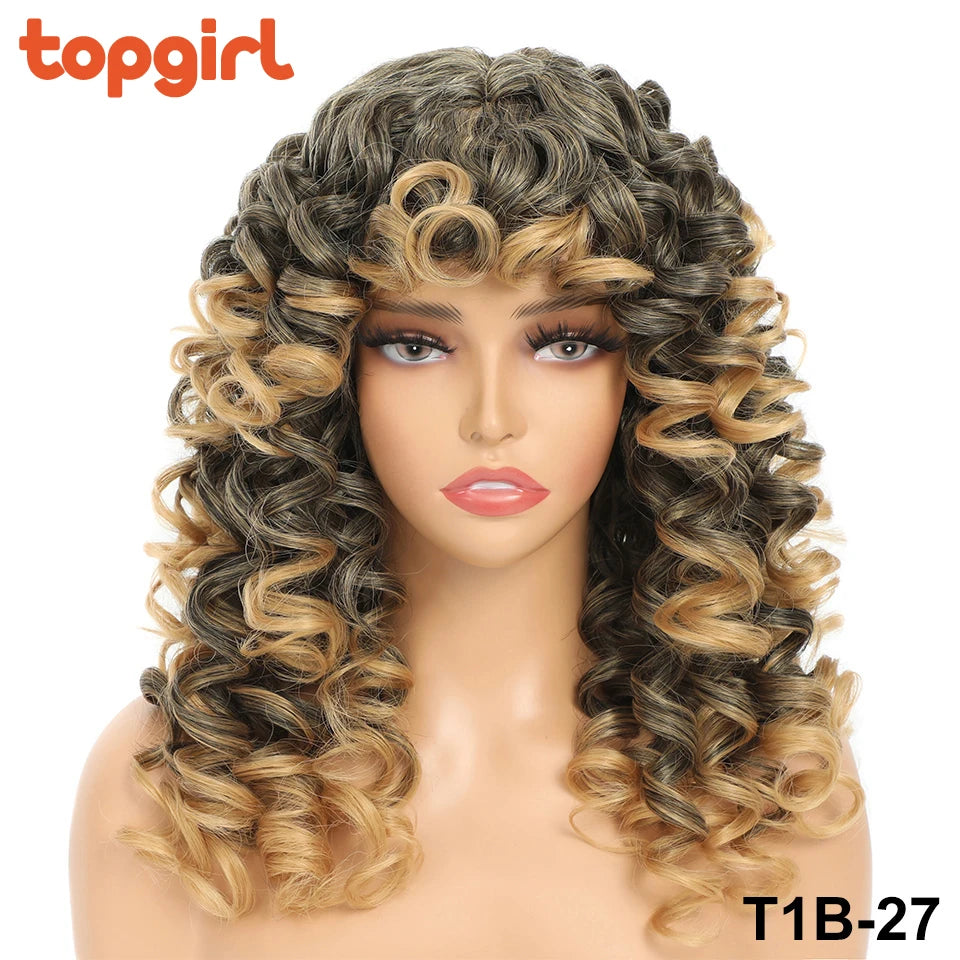 Top Girl Long Kinky Curly Weaves and Wigs With Bangs Synthetic Wig Afro Curly