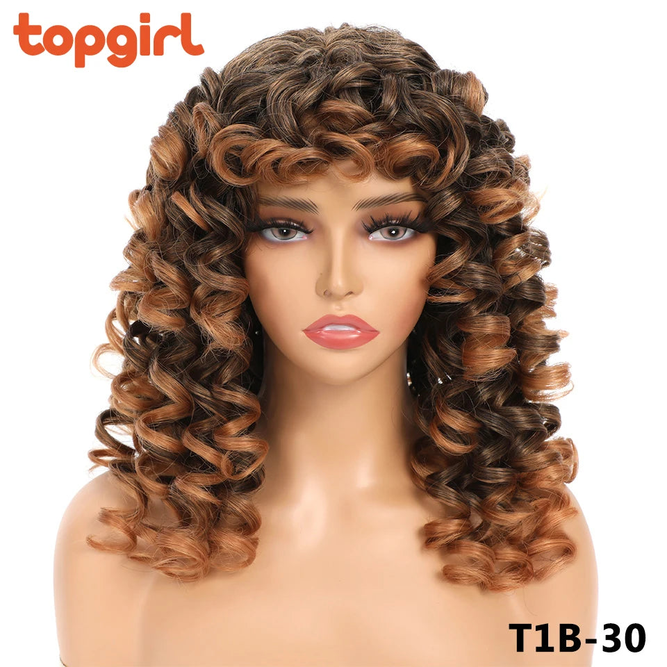 Top Girl Long Kinky Curly Weaves and Wigs With Bangs Synthetic Wig Afro Curly
