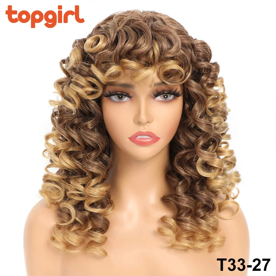 Top Girl Long Kinky Curly Weaves and Wigs With Bangs Synthetic Wig Afro Curly