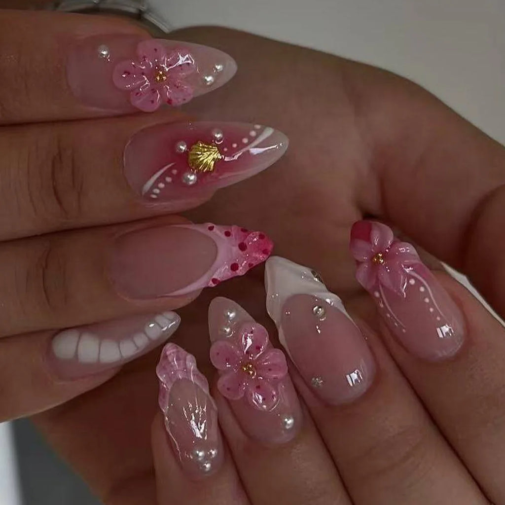 European American Style Manicure Nail Tips 3D Resin-poured French-style Rhinestones Cross-shaped Flower Nail (38 Options)