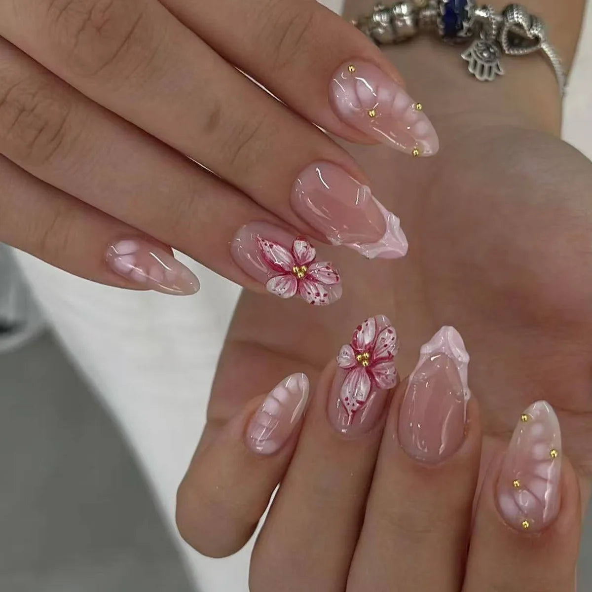European American Style Manicure Nail Tips 3D Resin-poured French-style Rhinestones Cross-shaped Flower Nail (38 Options)