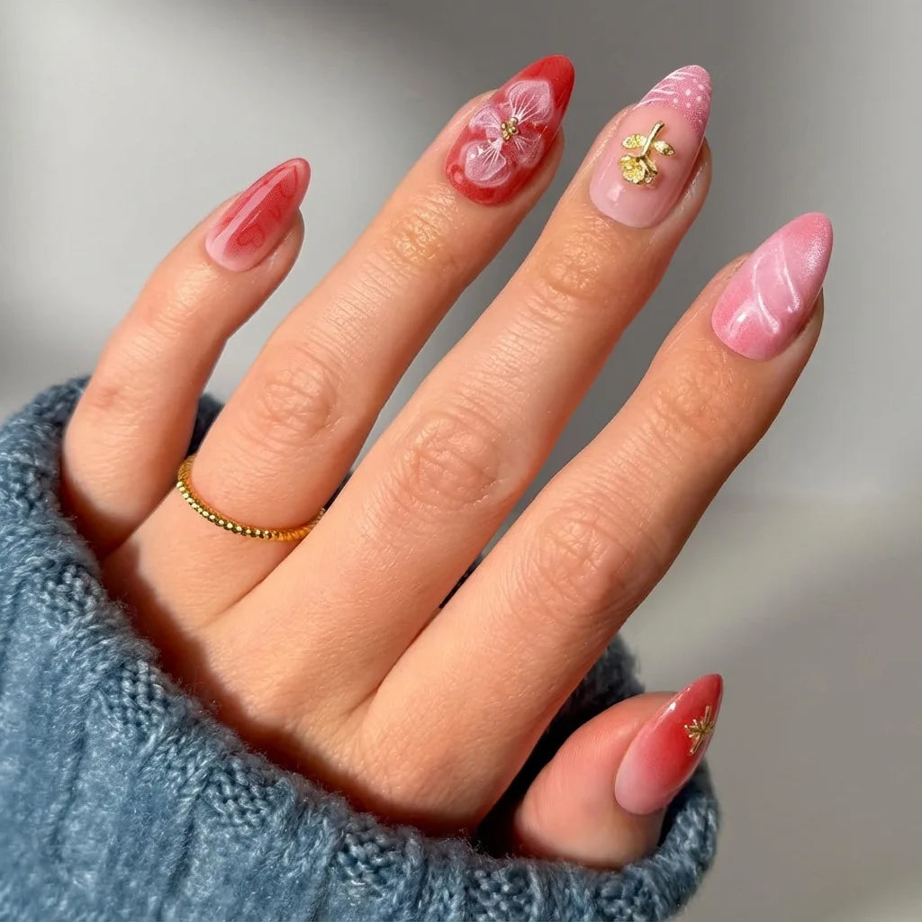 European American Style Manicure Nail Tips 3D Resin-poured French-style Rhinestones Cross-shaped Flower Nail (38 Options)