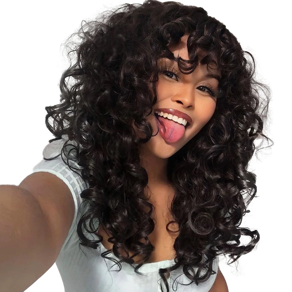 Top Girl Long Kinky Curly Weaves and Wigs With Bangs Synthetic Wig Afro Curly