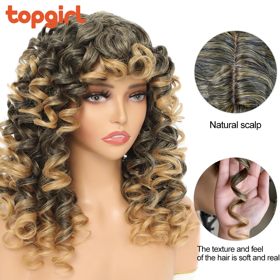 Top Girl Long Kinky Curly Weaves and Wigs With Bangs Synthetic Wig Afro Curly