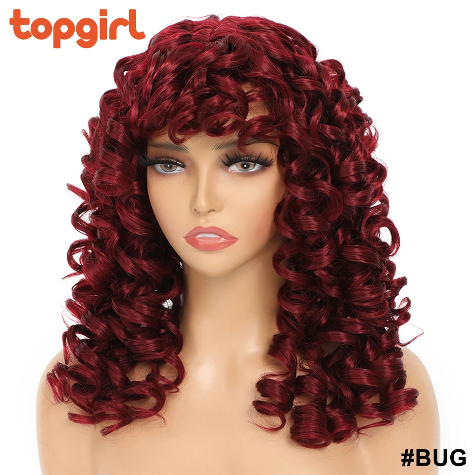 Top Girl Long Kinky Curly Weaves and Wigs With Bangs Synthetic Wig Afro Curly