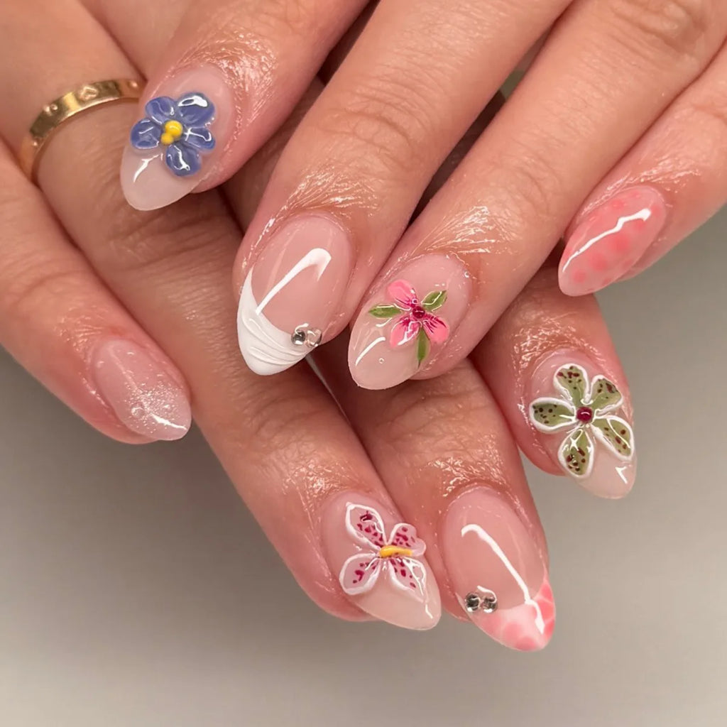 European American Style Manicure Nail Tips 3D Resin-poured French-style Rhinestones Cross-shaped Flower Nail (38 Options)