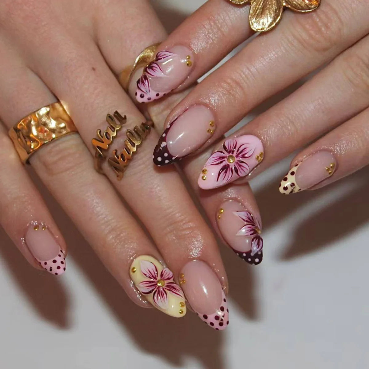 European American Style Manicure Nail Tips 3D Resin-poured French-style Rhinestones Cross-shaped Flower Nail (38 Options)