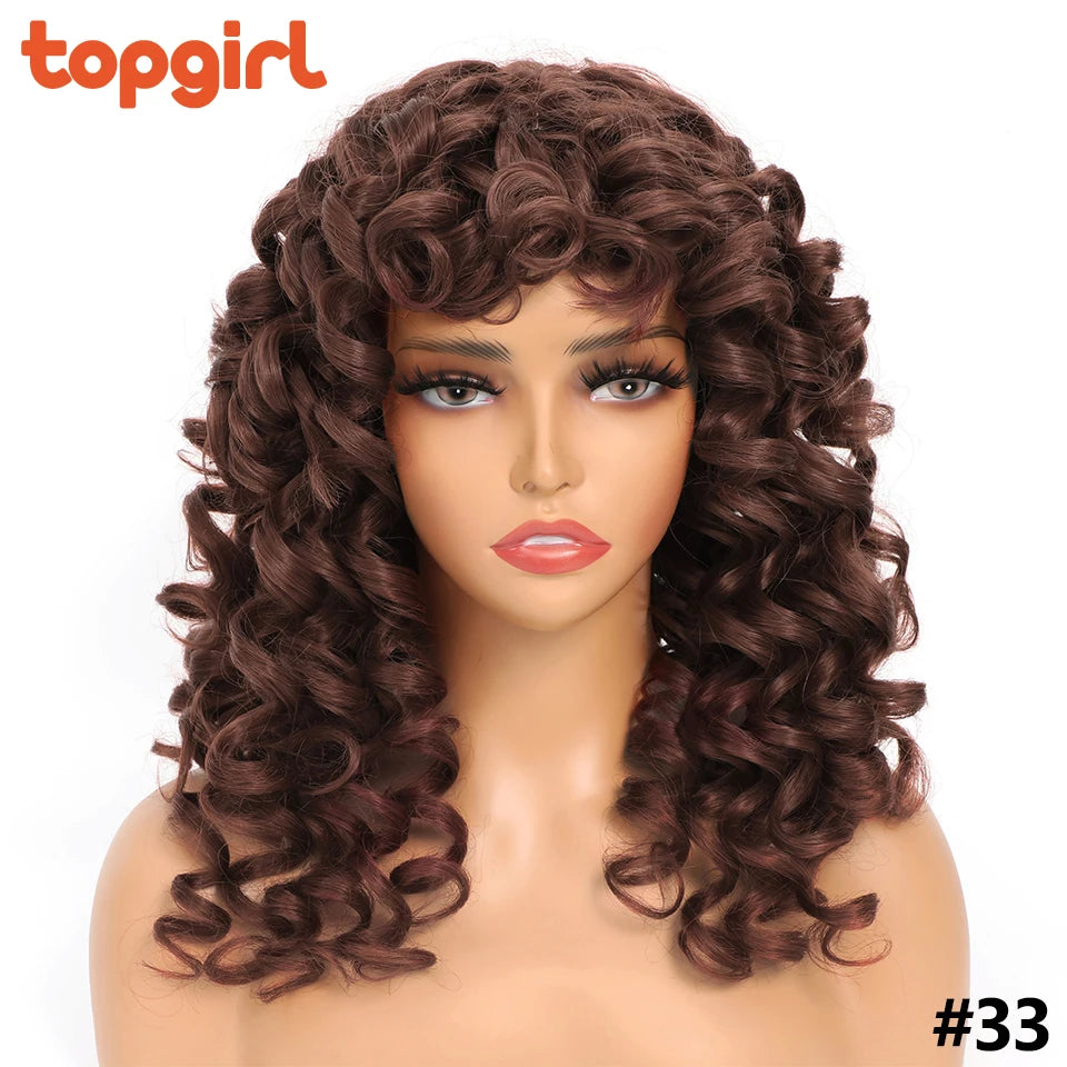 Top Girl Long Kinky Curly Weaves and Wigs With Bangs Synthetic Wig Afro Curly