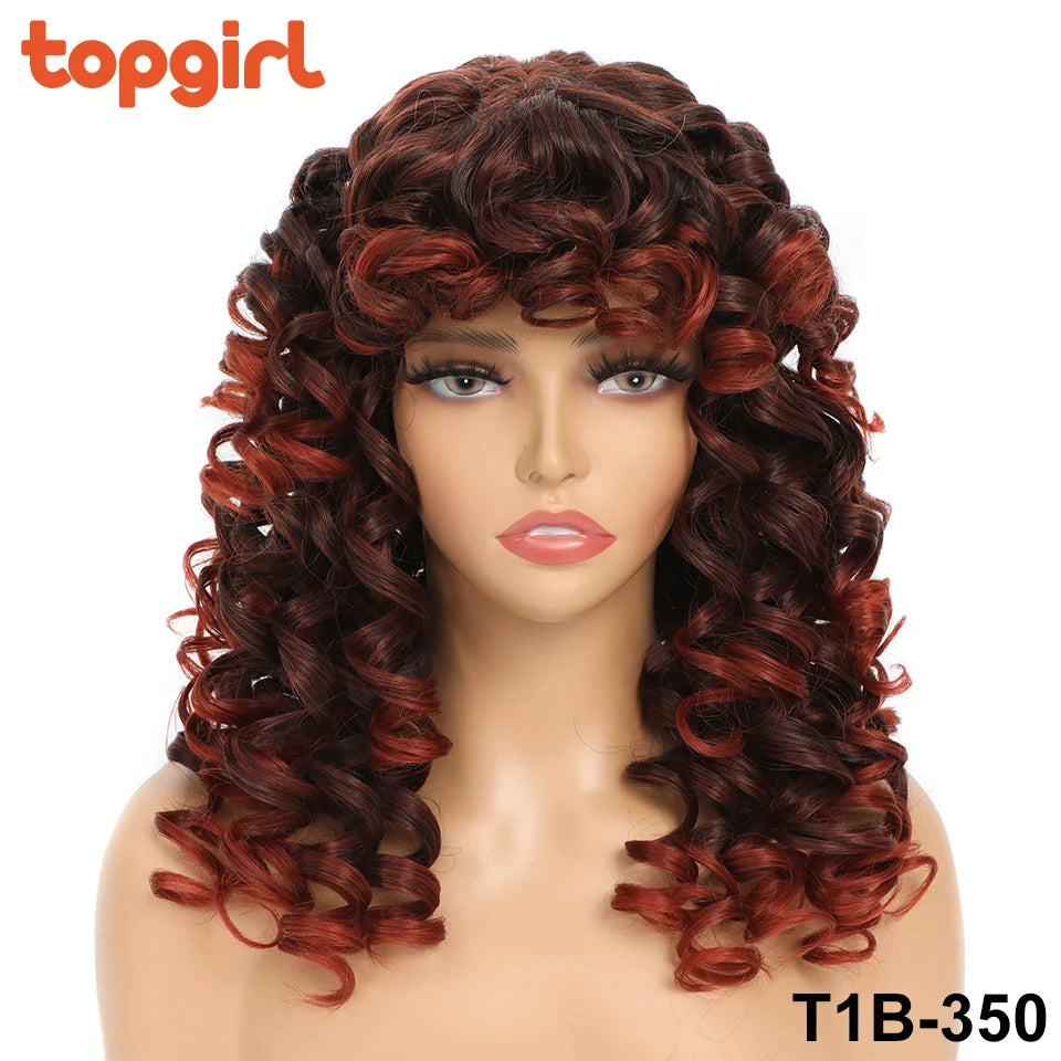 Top Girl Long Kinky Curly Weaves and Wigs With Bangs Synthetic Wig Afro Curly