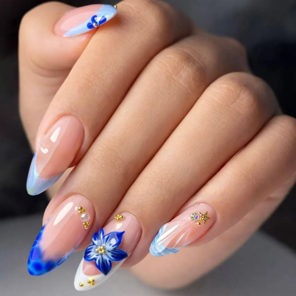 European American Style Manicure Nail Tips 3D Resin-poured French-style Rhinestones Cross-shaped Flower Nail (38 Options)