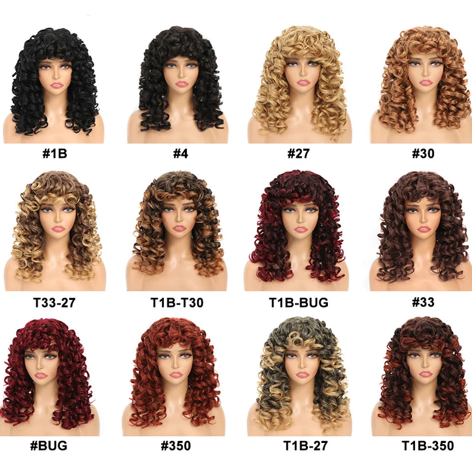 Top Girl Long Kinky Curly Weaves and Wigs With Bangs Synthetic Wig Afro Curly