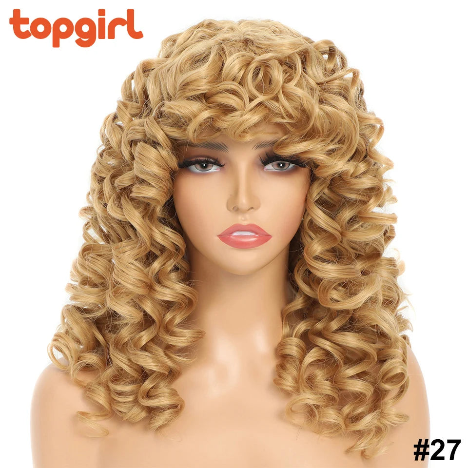 Top Girl Long Kinky Curly Weaves and Wigs With Bangs Synthetic Wig Afro Curly