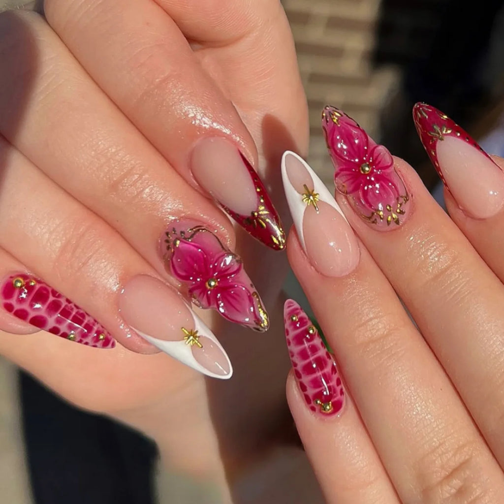 24pcs Pink Flower Almond Press on Nails Kawaii False Nails & More (36 Options) (B)