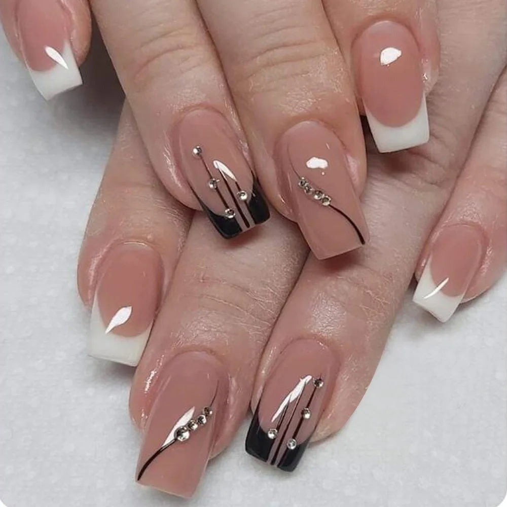 24Pcs Glitter French Press on Nails Short Square Acrylic False Nails with Flower Diamonds & More (14 Options)