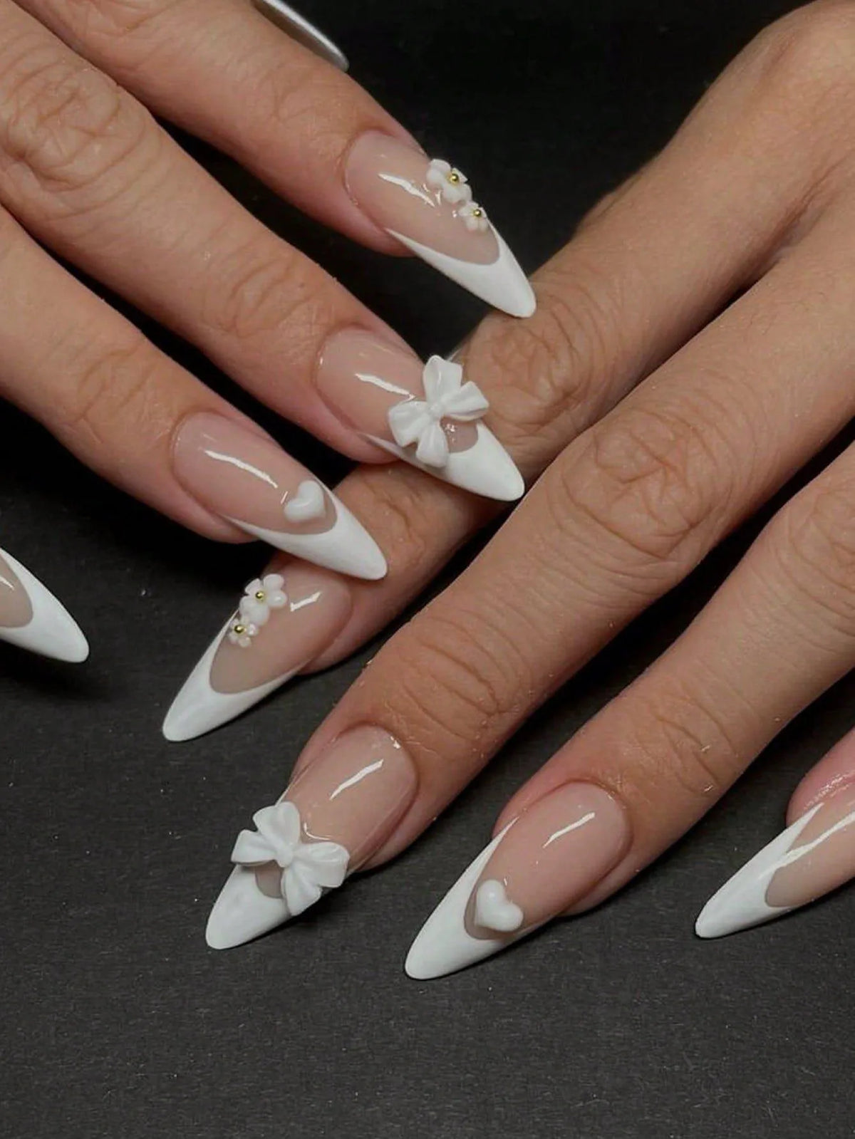24pcs Medium Square White French Bow Nails  Detachable And Reusable Jelly Glue 1pc Cuticle Pusher (8 Options)