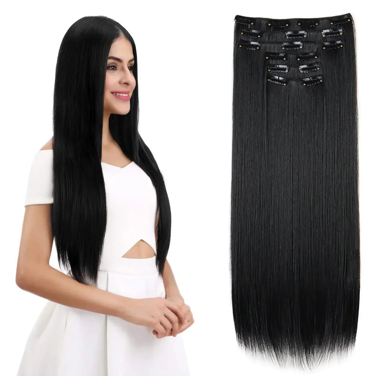 Hair Extensions 24"/60cm 6pcs/set Women Long Straight Synthetic Full Head Clip 16 Clips Black, Blonde, Ombre Heat Resistant Fiber Hair
