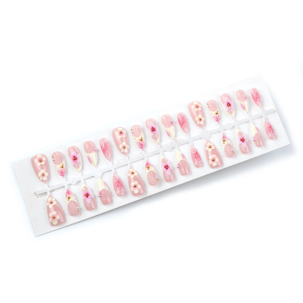 24PCS Press on Nails Pink 3D Pink Flower Marble Wave Print with Gold Bead Fake Nails Elegant (6 Options)