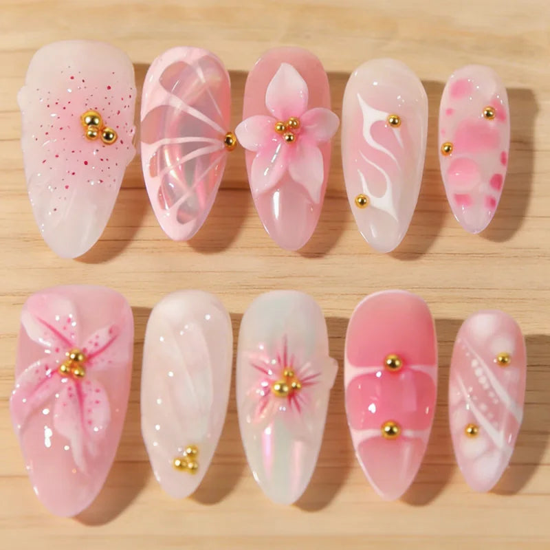 24PCS Press on Nails Pink 3D Pink Flower Marble Wave Print with Gold Bead Fake Nails Elegant (6 Options)
