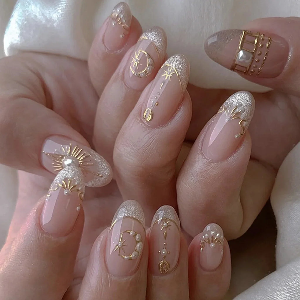 Hot Stamped Metal Gold Star Almond Fake Nails (4 Options)