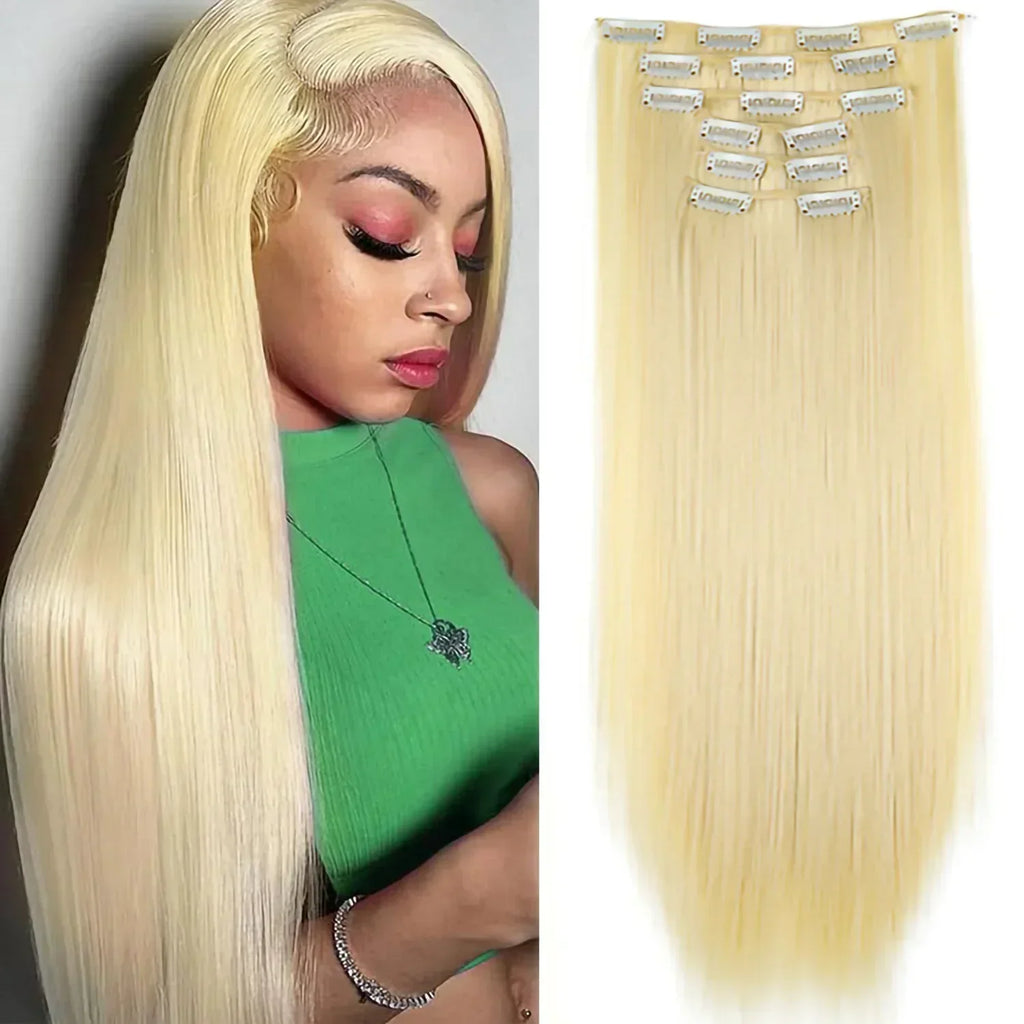 Hair Extensions 24"/60cm 6pcs/set Women Long Straight Synthetic Full Head Clip 16 Clips Black, Blonde, Ombre Heat Resistant Fiber Hair