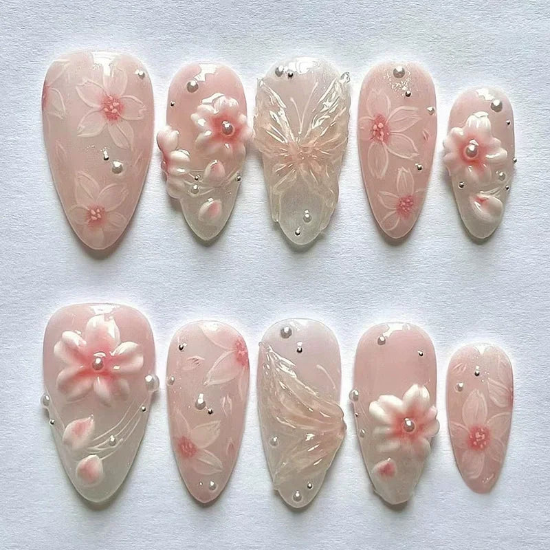 24pcs Pink Flower Almond Press on Nails Kawaii False Nails & More (36 Options) (B)