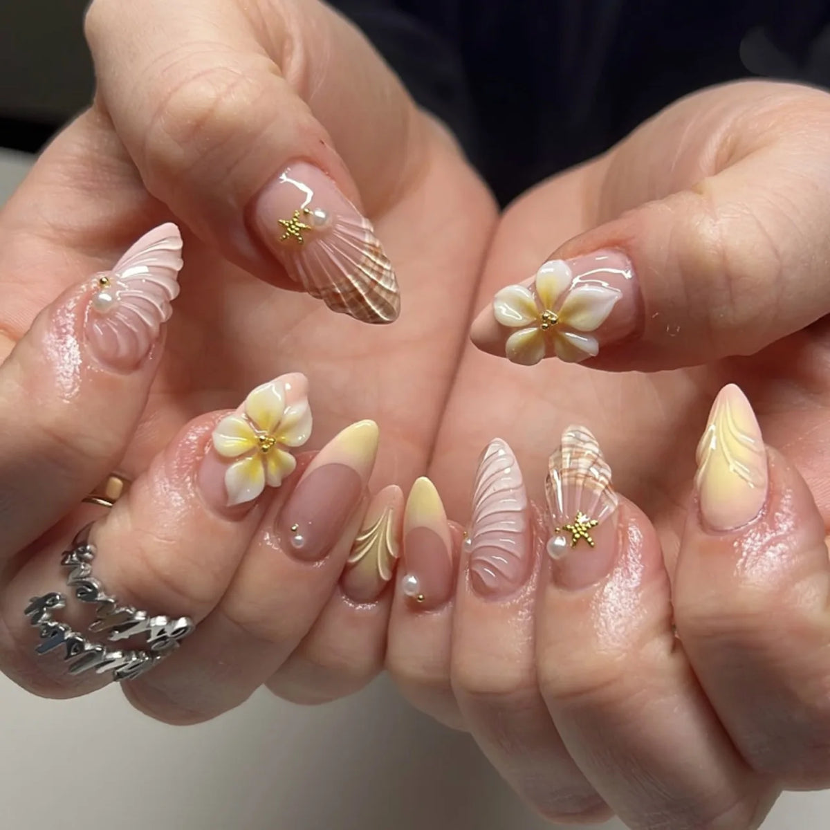 24PCS Press on Nails Pink 3D Pink Flower Marble Wave Print with Gold Bead Fake Nails Elegant (6 Options)