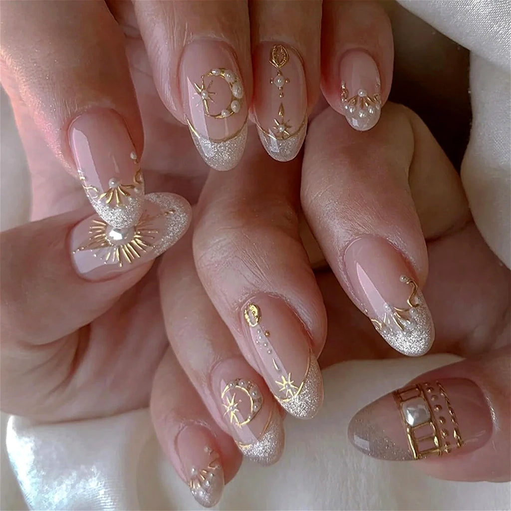 Hot Stamped Metal Gold Star Almond Fake Nails (4 Options)