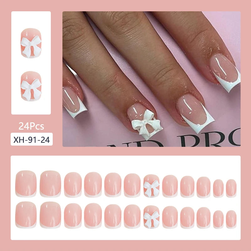24Pcs Fashion French Style False Nails With Jelly Nail Glue Simple Removable Wearable Artificial Press On Nail Tip (5 Options) (B)
