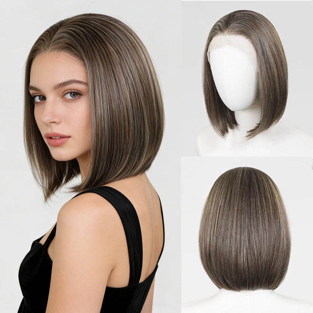 Blonde Highlight Short Bob Wig for Women 13x4 Synthetic Lace Front Wig 12Inch Pre Plucked Natural Hairline Wig Daily Use