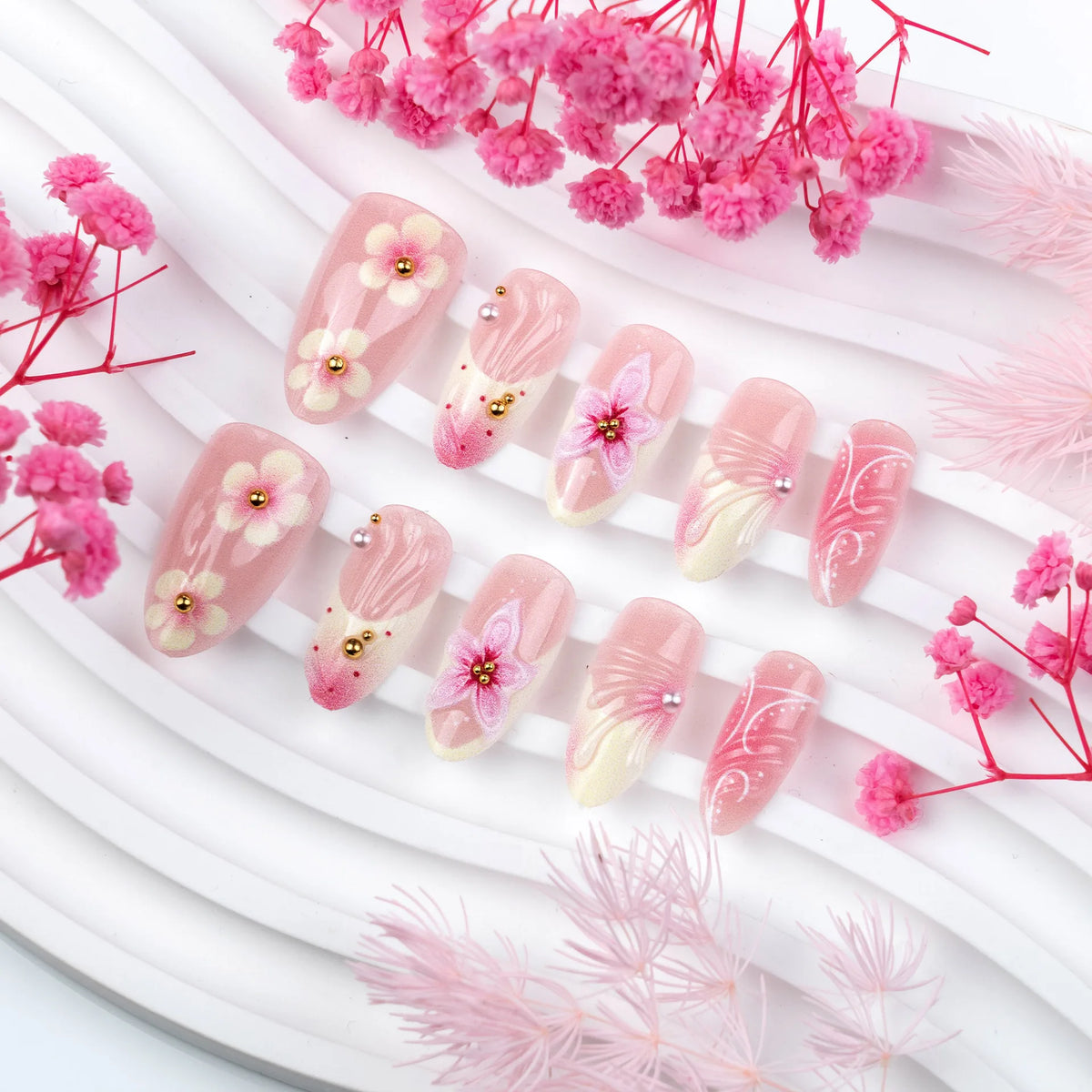 24PCS Press on Nails Pink 3D Pink Flower Marble Wave Print with Gold Bead Fake Nails Elegant (6 Options)