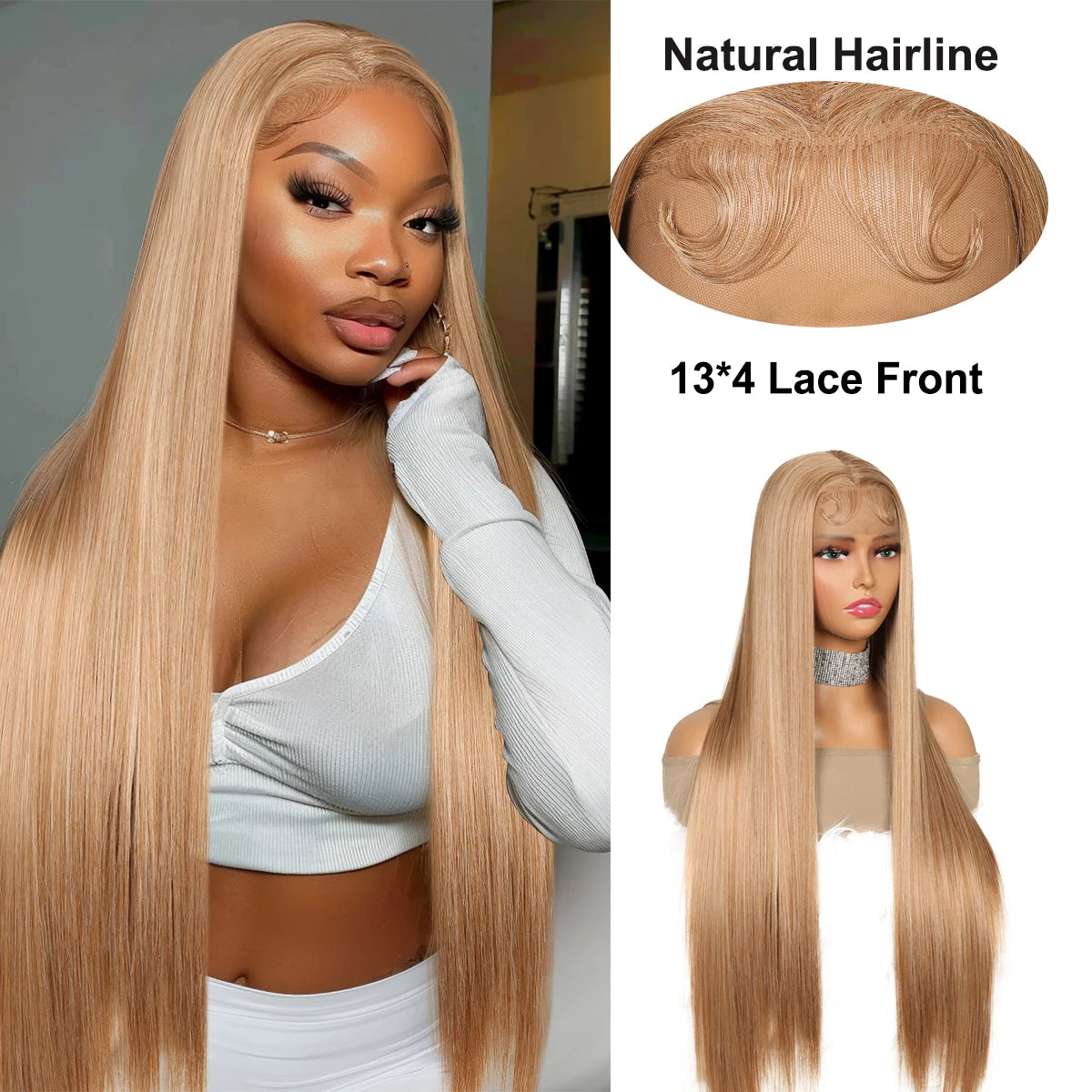 Straight Honey Blonde Gold Color Bone Straight 13X4 Lace Front Wig For Black Women Synthetic Prepluck Hairline Baby Hair Cosplay
