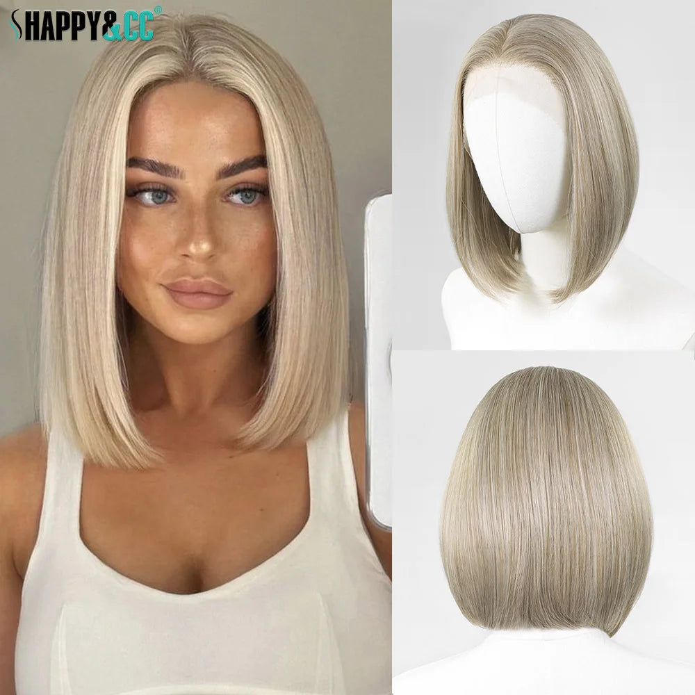Blonde Highlight Short Bob Wig for Women 13x4 Synthetic Lace Front Wig 12Inch Pre Plucked Natural Hairline Wig Daily Use