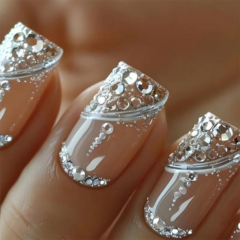 24Pcs Glitter French Press on Nails Short Square Acrylic False Nails with Flower Diamonds & More (14 Options)