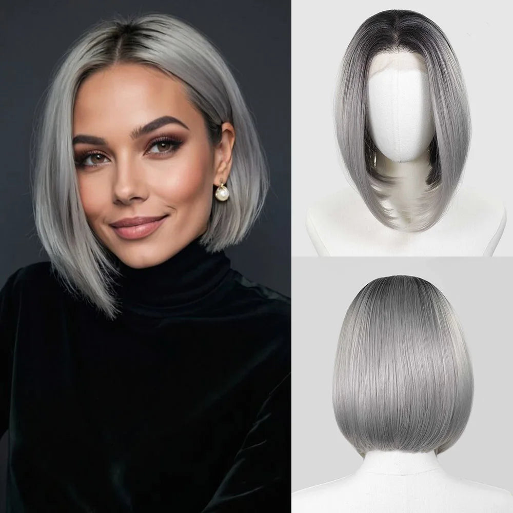 Blonde Highlight Short Bob Wig for Women 13x4 Synthetic Lace Front Wig 12Inch Pre Plucked Natural Hairline Wig Daily Use