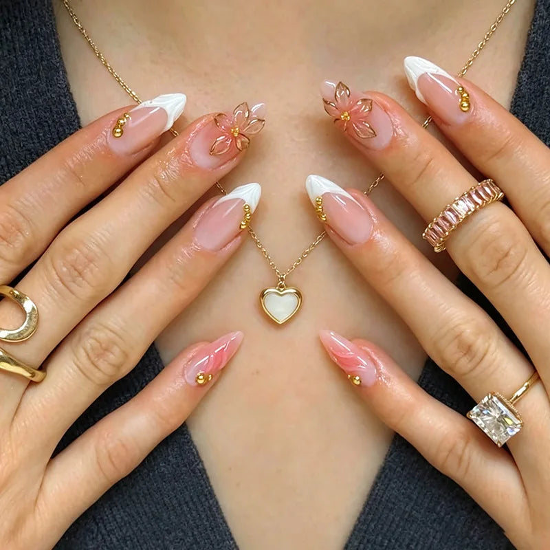 24pcs Pink Flower Almond Press on Nails Kawaii False Nails & More (36 Options) (B)