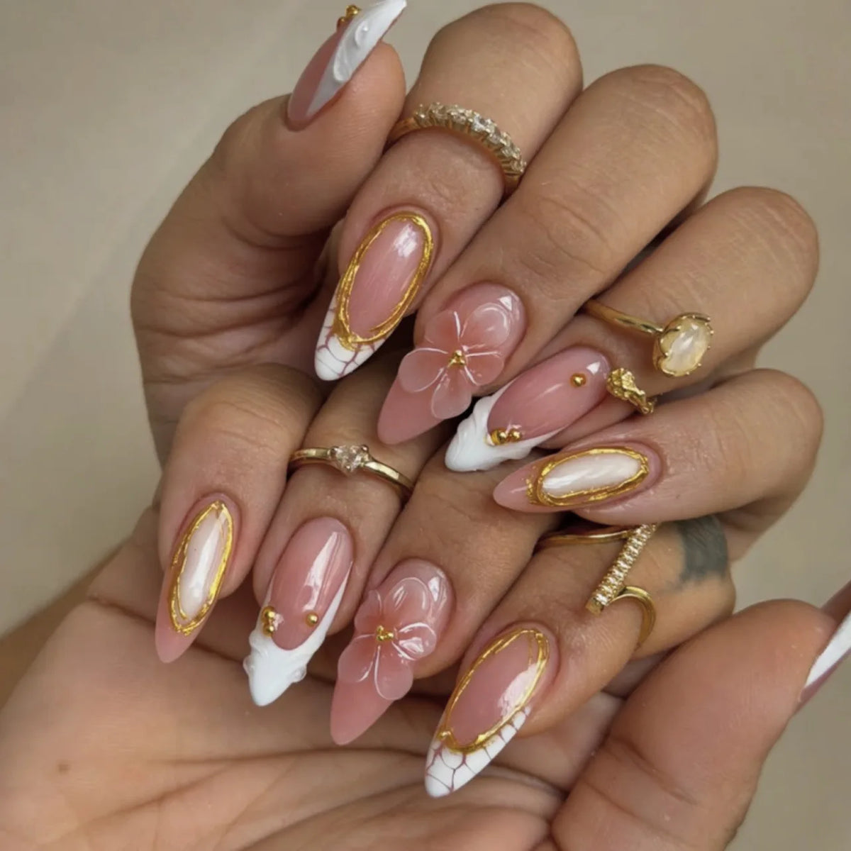 24PCS Press on Nails Pink 3D Pink Flower Marble Wave Print with Gold Bead Fake Nails Elegant (6 Options)