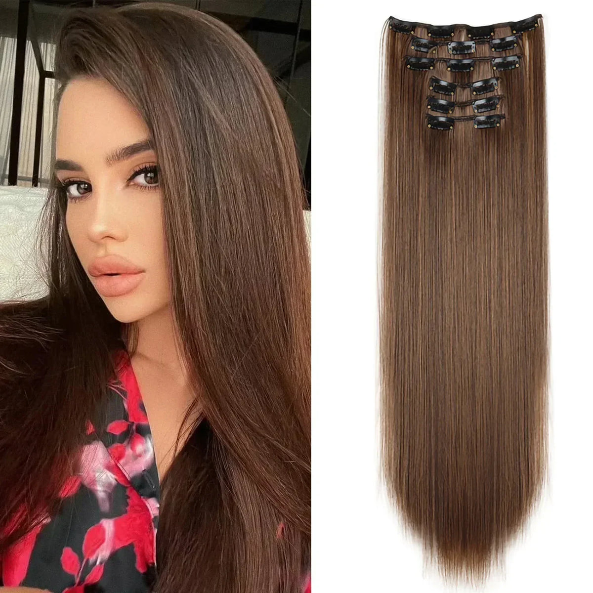 Hair Extensions 24"/60cm 6pcs/set Women Long Straight Synthetic Full Head Clip 16 Clips Black, Blonde, Ombre Heat Resistant Fiber Hair