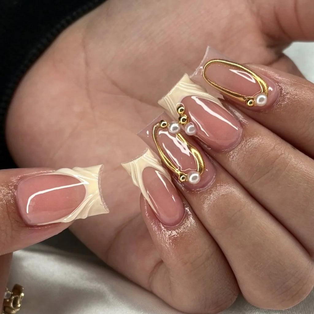 24PCS 3D Glue-on Nails Set French Style Golden Frame Embossed White Flowers Square Shaped Press on Nails (2 Options)